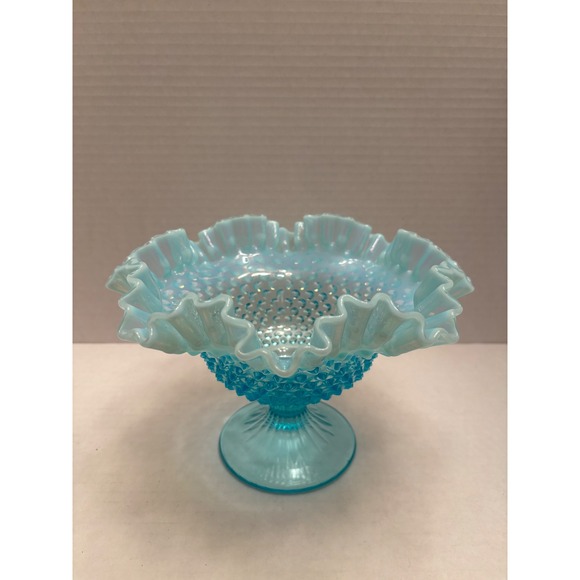 Fenton Other - Fenton Blue Opalescent Hobnail Glass Ruffled Compote Pedestal Candy Dish 8"
